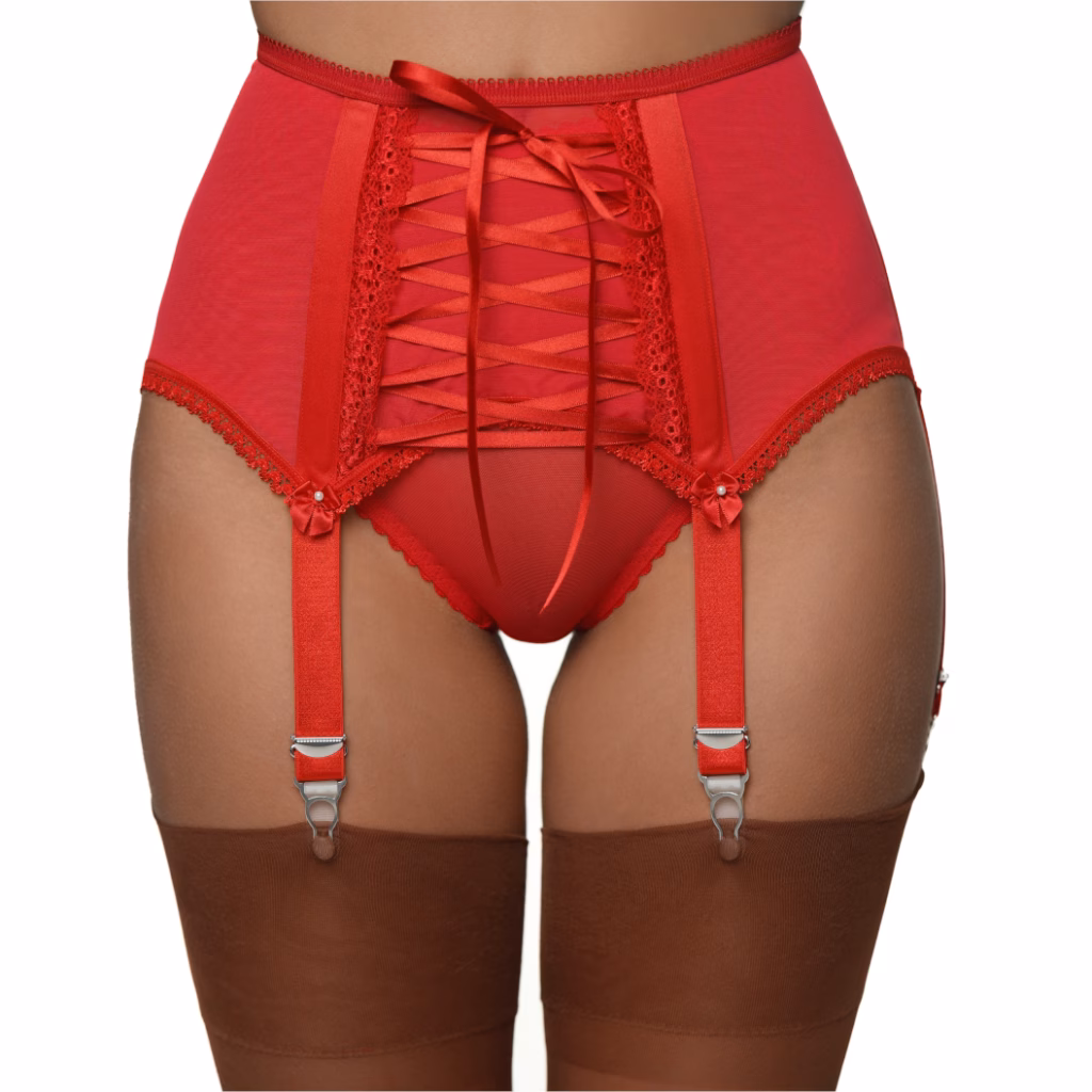Anja suspender belt, Noble Italian powermesh 6 suspenders in black, white or red with lacing