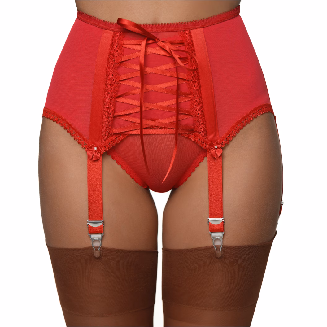 Anja suspender belt, Noble Italian powermesh 6 suspenders in black, white or red with lacing